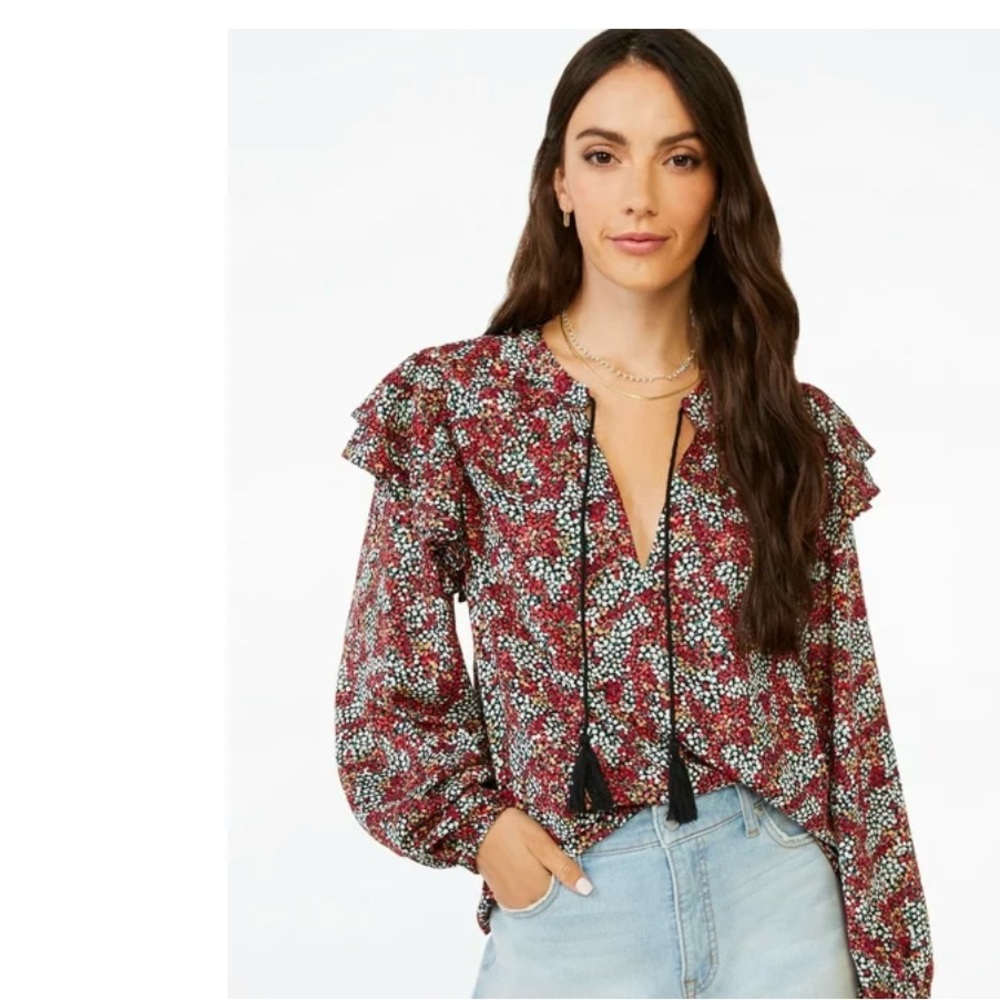 Scoop Floral Ruffle Tassel Tie Blouse Black Multicolor Plus Size 22 XXXL